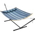 thumbnail image 1 of ZOPan Hammock with Stand, Heavy-Duty Padded Hammock & Steel Stand Set w/Pillow & Carry Bag, Outdoor/Indoor Hammock with Stand Set for 2-3 People, 475Lb Capacity - Blue Stripe, 1 of 10