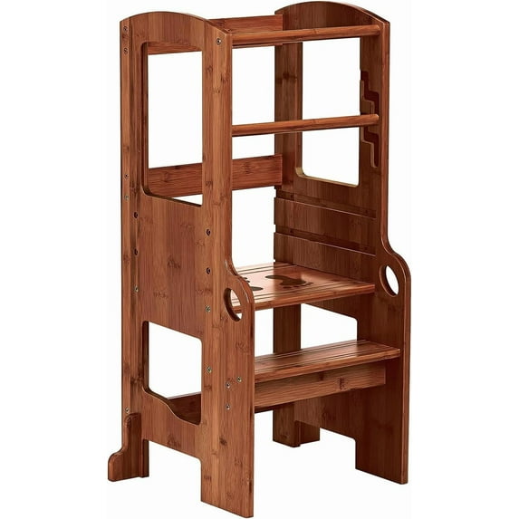 ZOPan Height Adjustable Bamboo Step Stool | Step Ladder Step Stool | Kitchen Step Stool | Safe and Sturdy Standing Tower, Antique Brown
