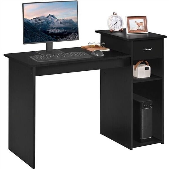 ZOPan Home Office Computer Desk with Storage Drawer and Monitor Stand, Wooden PC Laptop Table, Modern Simple Style Computer Workstation for Study Writing, Black