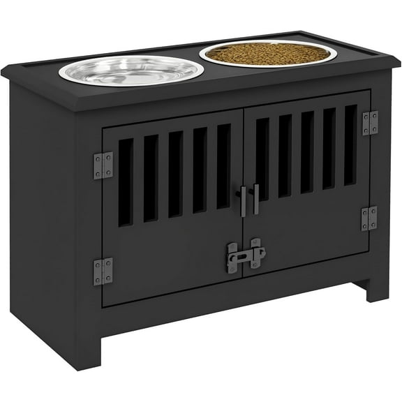 ZOPan Large Elevated Dog Bowls with Storage Cabinet - 37L Capacity, Raised Dog Bowl Stand Feeding Station, Black