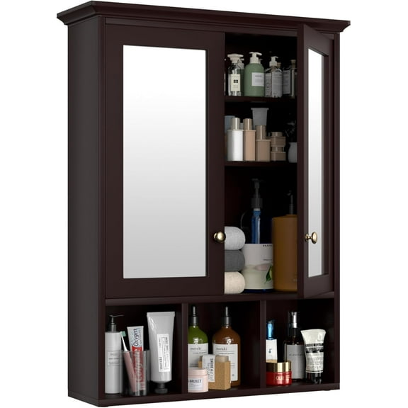 ZOPan Medicine Cabinet, Bathroom Wall Mounted Storage Cabinet Over The Toilet Space Saver with 2 Mirror Doors & Adjustable Shelves, 23.6" W x 7.5" D x 30.4" H, Coffee