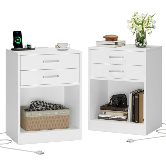 ZOPan Nightstands Set of 2,White Night Stand with Charging Station & Drawers,Night Stands for Bedrooms 2
