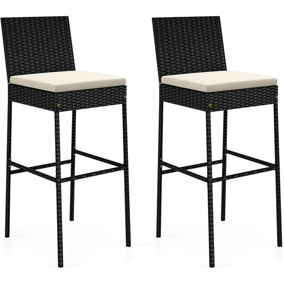 ZOPan Outdoor Bar Stools Set of 2 - Wicker Rattan Patio Barstools Tall Chairs w/Back, Footrest, Seat Cushions & Metal Frame, 400LBS Weight Capacity, 30’’ Counter Height Bar Stools (1, Black)