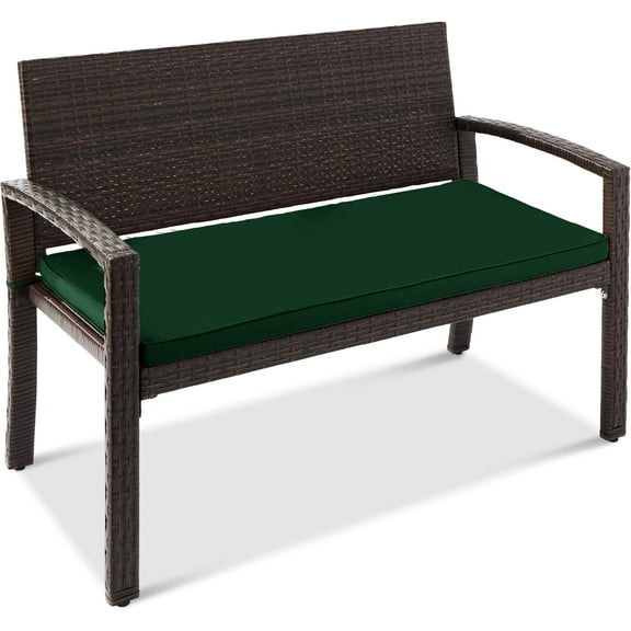 ZOPan Outdoor Bench 2-Person Wicker Garden Patio Benches Seating Furniture for Backyard, Porch w/Seat Cushion, 700lb Capacity - Midnight Green/Brown