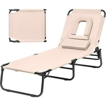 ZOPan Outdoor Chaise Lounge Chair - Folding Beach Chair with 5 Adjustable Positions, Hole, Detachable Pillow, Hand Ropes, Lounger for Sunbathing, Poolside, Yard, Patio Lawn Chair (1, Beige)