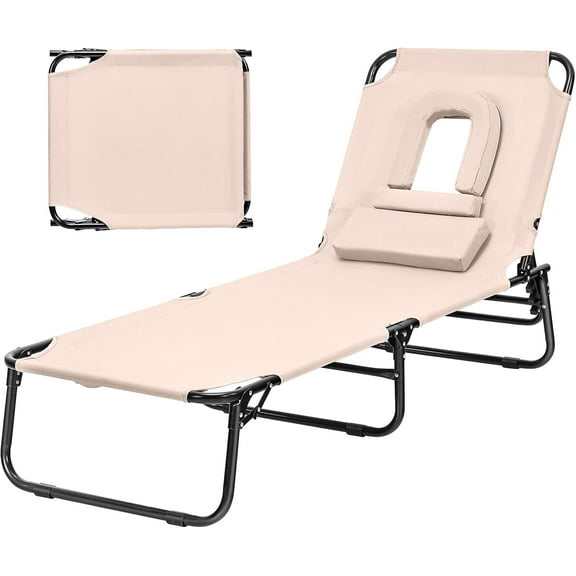 ZOPan Outdoor Chaise Lounge Chair - Folding Beach Chair with 5 Adjustable Positions, Hole, Detachable Pillow, Hand Ropes, Lounger for Sunbathing, Poolside, Yard, Patio Lawn Chair (1, Beige)