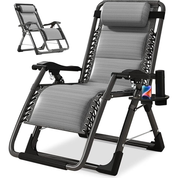 ZOPan Padded Zero Gravity Chair, Cooling Fabric Folding Outdoor Lounge Chairs, Adjustable Reclining Camping Chairs with Cup Holder, Ergonomic Patio Lawn Chair for Balcony Beach Deck Yard
