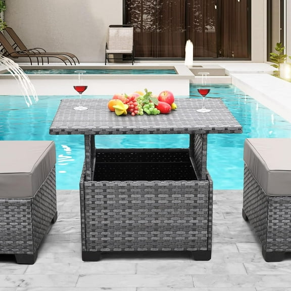 ZOPan Patio Rattan Coffee Table with Hidden Storage, Wicker Liftable Dinning Table, Versatile Piece of Outdoor Furniture, Grey