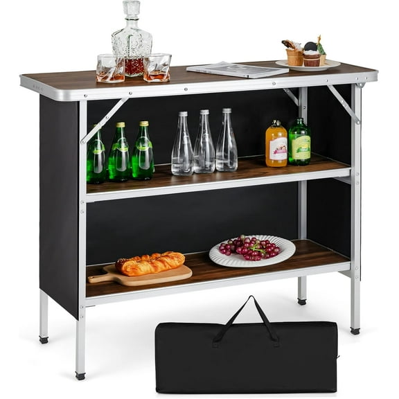 ZOPan Portable Bar Table for Events, Folding Mobile Bartending Station with Storage Shelves, Removable Privacy Skirt, Carrying Case, for Parties, Catering, Trade Shows (Coffee, 43.5''L x 34.5''H)