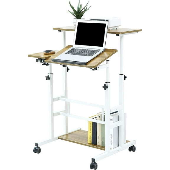 ZOPan Portable Standing Desk on Wheels, Height Adjustable Mobile Workstation, Versatile for Home Office, Rolling Sit-Stand Design, Ergonomic - (White Frame/Ancient Oak Top)