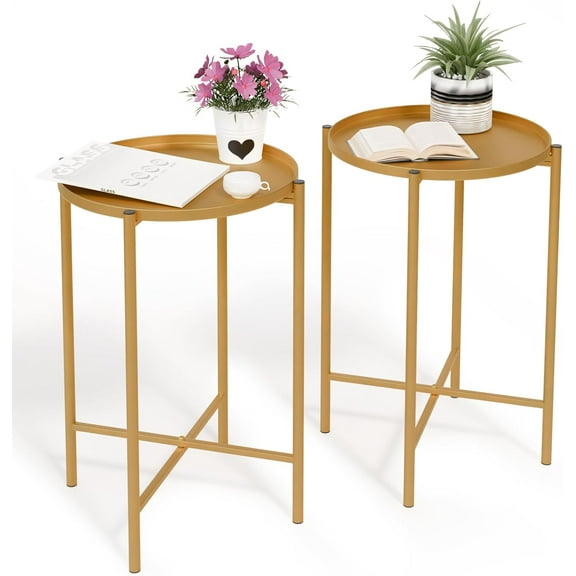 ZOPan Round Metal Side Table with Removable Tray, Outdoor Patio Coffee Table, Waterproof End Table for Small Spaces, Outdoor Patio, Living Room, Bedroom, Balcony (X-Brace & Non-Slip Pads) (2, Gold)