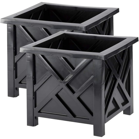 ZOPan Set of 2 Chippendale Planter Boxes, Black, Outdoor Décor – Plant Holder for Garden, Patio and Lawn, Weather-Resistant Polypropylene – 14 ¾” sq. x 13 ¼ H Overall