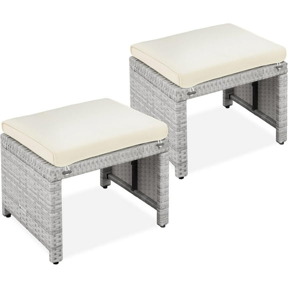 ZOPan Set of 2 Wicker Ottomans, Multipurpose Outdoor Furniture for Patio, Backyard, Additional Seating, Footrest, Side Table w/Removable Cushions, Steel Frame - Gray/Cream