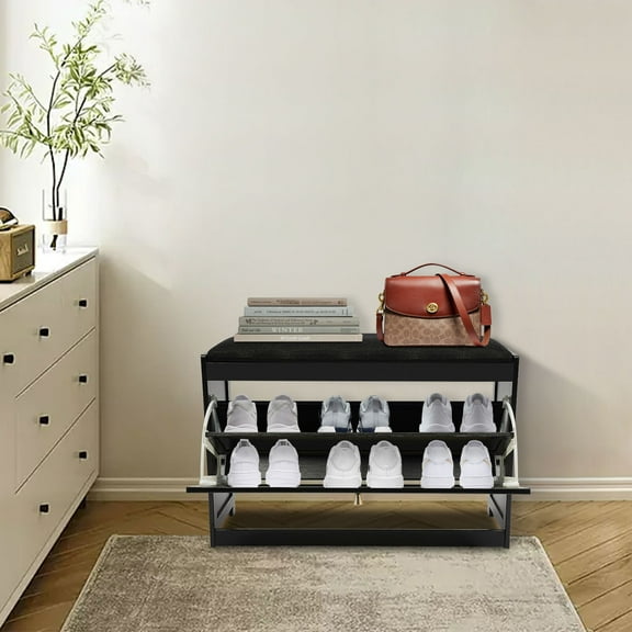 ZOPan Shoe Cabinet Storage Black W/ Flip Drawer 2-Layer Wood Change Shoe Storage Stool, Material- Bamboo, Composite Board, ABS, Sponge, Linen, Hardware