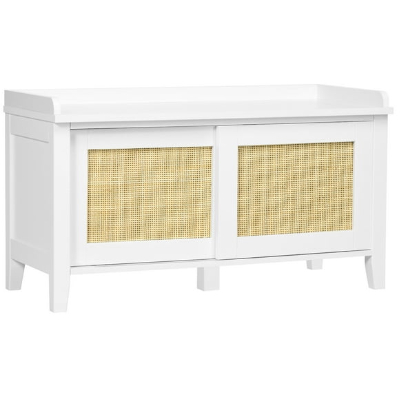 ZOPan Small Boho Shoe Bench with Storage Entryway Bench with Built-in Shoe Cabinets, White Compact Seating & Shoe Organizer for Entryway, Mudroom & Hallway