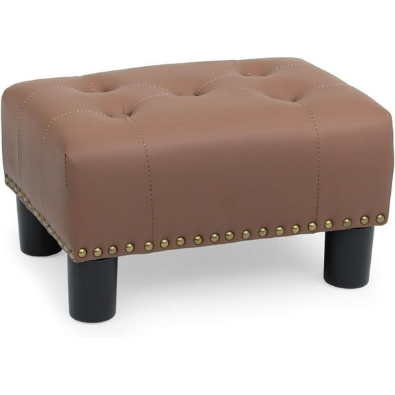 ZOPan Small Foot Stool, Tufted Ottoman Stools with Nailhead Trim & Legs, PU Leather Ottoman Footrest with Storage, Stable Footstool for Couch, Living Room, Bedroom, 440lbs Capacity-Brown