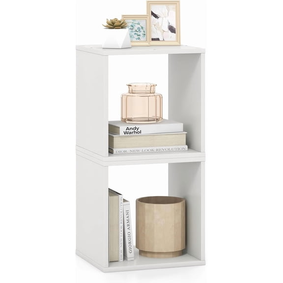 ZOPan Stackable 2 Cube Storage Organizer, Freestanding Cubby Storage Bookcase with Anti-toppling Device, 2-Tier Bookshelf, Combinable Record Player Stand for Living Room Bedroom Study (1, White)