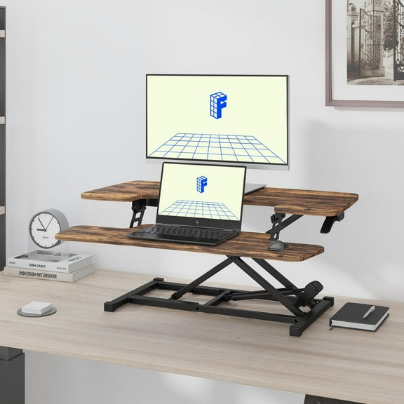 ZOPan Standing Desk Converter 35'' Height Adjustable with Keyboard Tray,Rustic