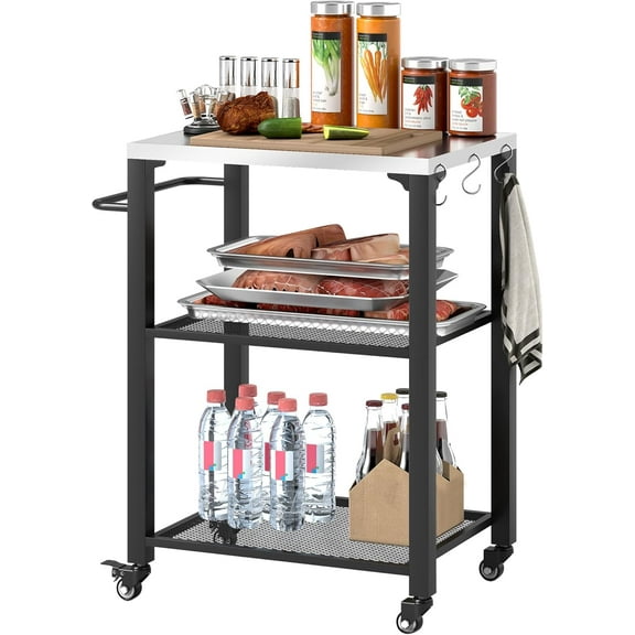 ZOPan Three-Shelf Outdoor Grill Cart with Stainless Steel Tabletop, 22" x 16.1" Multifunctional Pizza Oven Table with Hooks, Side Handle, Movable Food Prep Table with Wheels