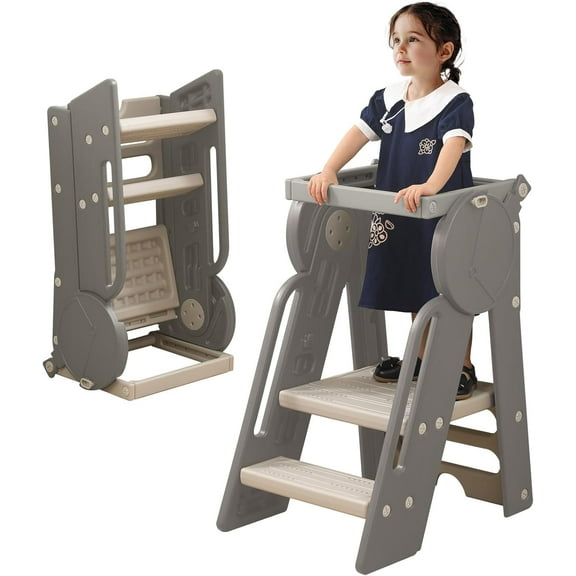 ZOPan Tower & Ladder, Kitchen Step Stool, Months 12-84 Learning Stool with Adjustable Guardrail, Step Stool for Kitchen, Koala Gray