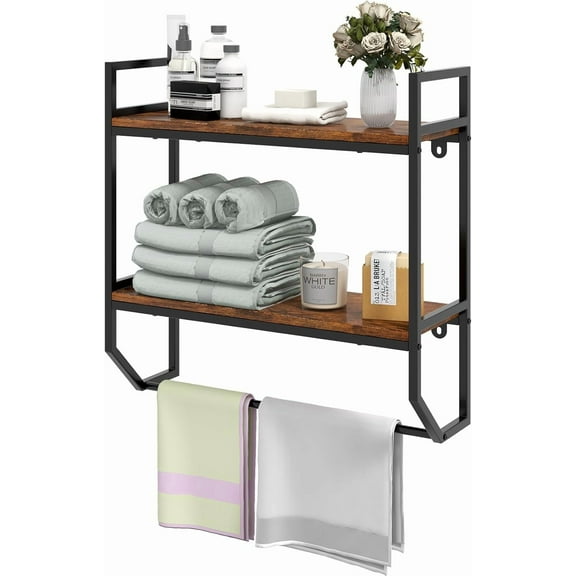 ZOPan Wall Mounted Bathroom Shelves with Towel Bar, Industrial 2-Tier Over The Toilet Storage Organizer with Metal Frame, Wooden Wall Shelves, Floating Shelves for Bathroom, Kitchen, Living Room