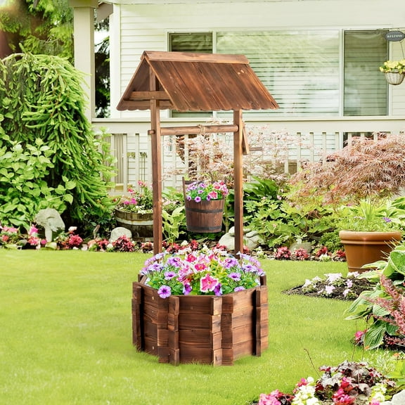 ZOPan Wooden Wishing Well Outdoor Planters, Well Covers for Yard with 2 Reinforced Rods, Height Adjustable Hanging Bucket, Rustic Flower Pot Home Decor for Outside Patio Garden