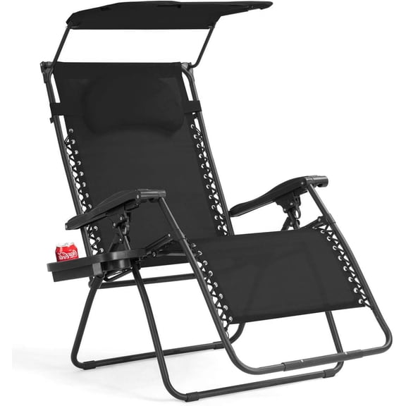 ZOPan Zero Gravity Chairs, X-Large Folding Lounge Lawn Chair w/Canopy Shade & Cup Holder, Adjustable Folding Patio Recliner for Pool Porch Deck Oversize (Black)