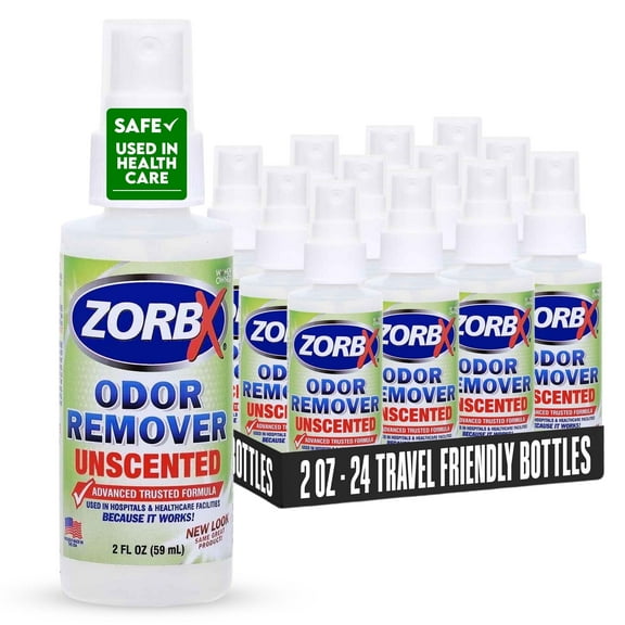 ZORBX Unscented Odor Eliminator Spray for Hospitals & Healthcare Dog, Cat, Car & Carpet Deodorizer (2oz - Pack of 24)