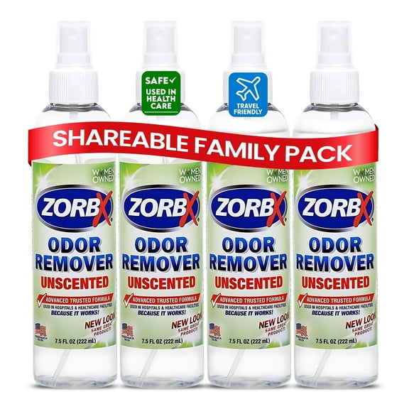 ZORBX Unscented Odor Eliminator Spray for Hospitals & Healthcare Dog, Cat, Car & Carpet Deodorizer (7.5 FL oz Pack of 4)