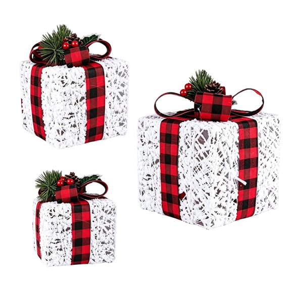 ZORVINEX 3-Piece Lighted Christmas Gift Box Set, Flocked Present Box Decorations with Plaid Ribbons, Berries and LED Lights for Tree, Fireplace, Porch and Home Decor Gray