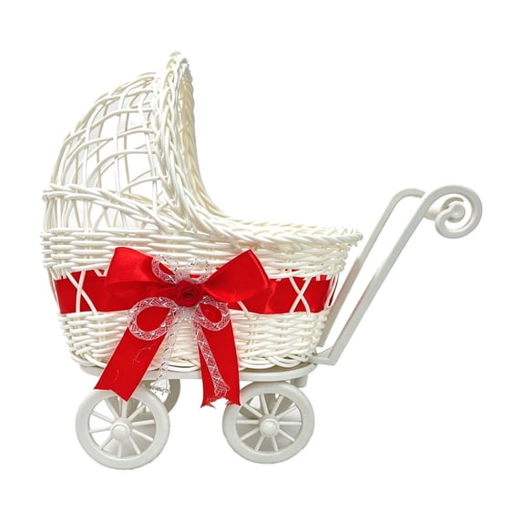 ZORVINEX Faux Rattan Pram-Shaped Flower Basket - Multi-Functional Storage for Flowers, Fruits, and Pet Bed - Cute Rural Decor for Weddings, Parties, and Home Decor - Versatile Gift Option Red