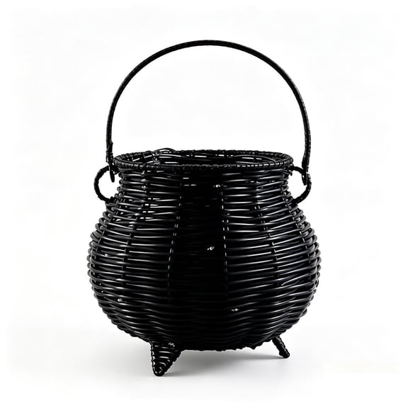 ZORVINEX Handwoven Rattan Witch Cauldron Basket for Halloween, Multi-Purpose Candy Bucket with Handle for Spooky Party Decor, Gothic Tabletop Storage Basket for Treats and Ornaments Black