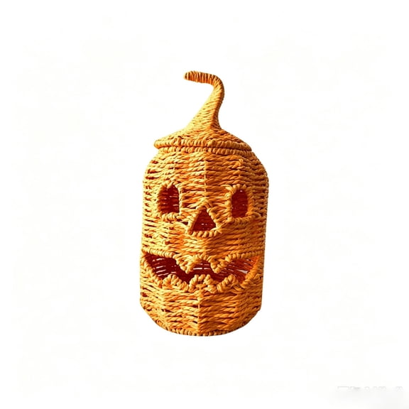 ZORVINEX Handwoven Straw Storage Basket with Lid, Pumpkin Shape Woven Organizer Bin, Natural Rattan Style Basket for Living Room, Bedroom, Bathroom, Entryway and Halloween Fall Home Decor Yellow