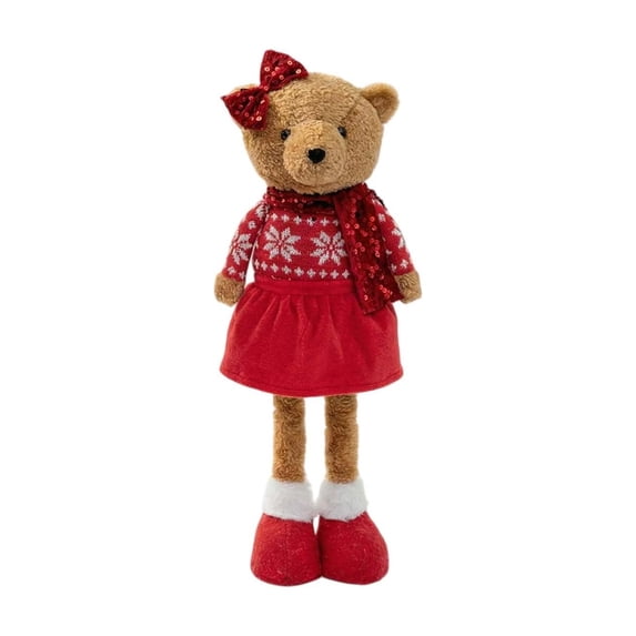 ZORVINEX Retractable Leg Christmas Bear Decor Stretchable Standing Bear Stuffed Figurine Holiday Plush Ornament For Fireplace Shelf Tabletop Home Party Decoration,Multicolor A