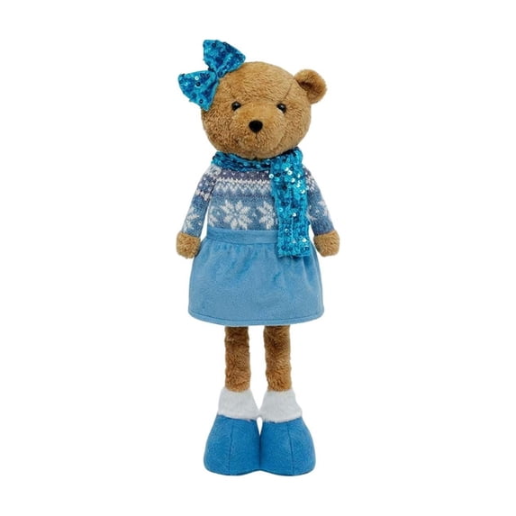 ZORVINEX Retractable Leg Christmas Bear Decor Stretchable Standing Bear Stuffed Figurine Holiday Plush Ornament For Fireplace Shelf Tabletop Home Party Decoration,Multicolor C