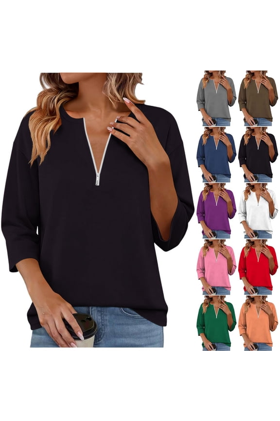 3/4 Sleeve Shirts for Women Quarter Zipper Fall Solid Color Blouses for Women