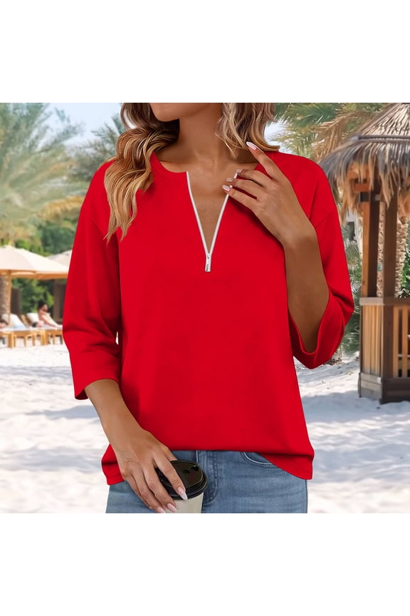 3/4 Sleeve Shirts for Women Quarter Zipper Fall Solid Color Blouses for Women