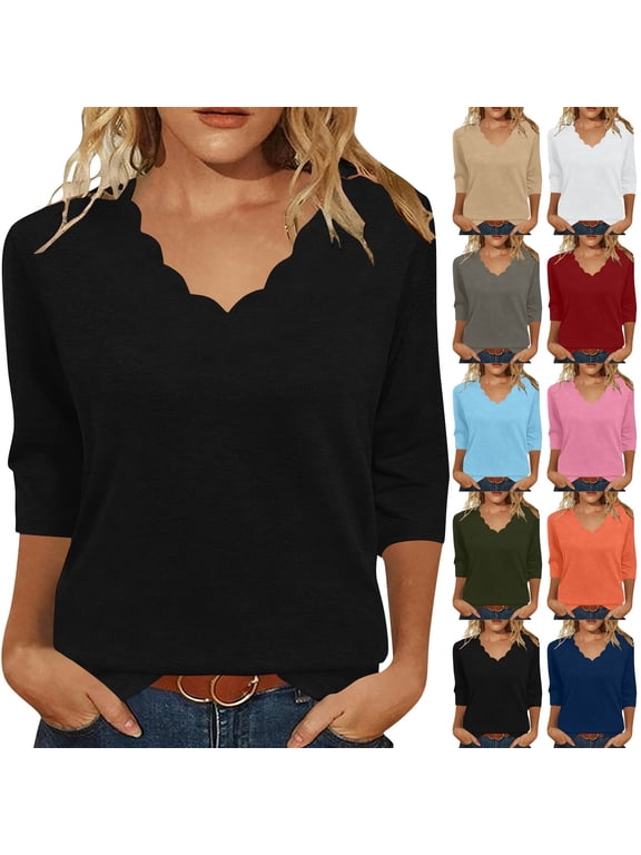 3/4 Sleeve Tops for Women Fall Casual Womens T Shirts Daily Wear Stretch Scalloped V Neck Tops