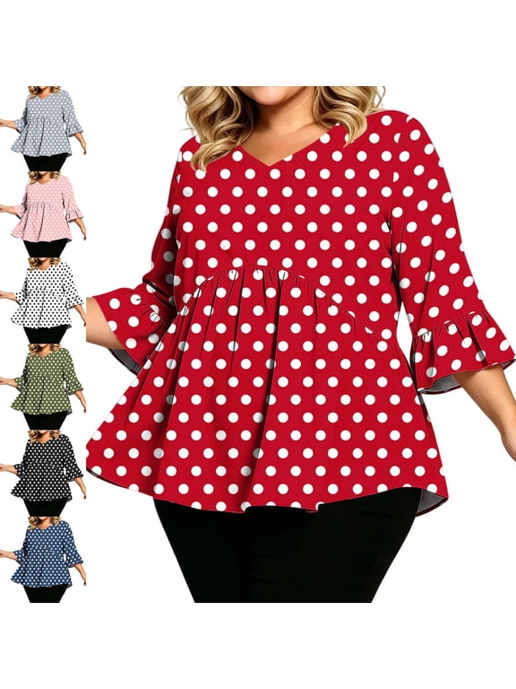 Oversized Womens Blouses Fall Polka Dot 3/4 Sleeve Casual Womens Tops Plus Size Loose Fit V Neck Flared Sleeve Tops