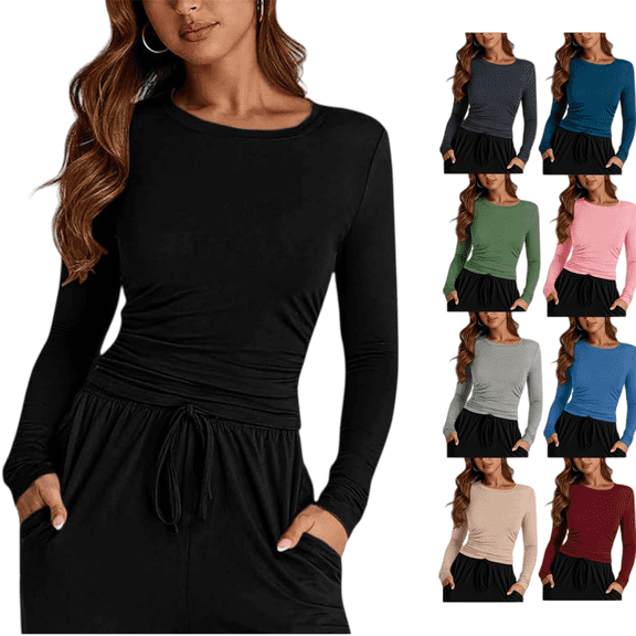 ZORYEVY Womens Long Sleeve Shirts Fall Basic Tops Casual Crew Neck Soild Color Tees