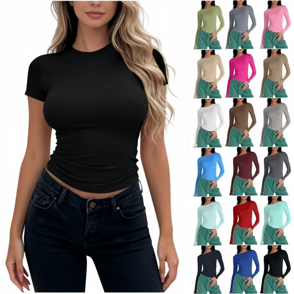 ZORYEVY Workout Womens T Shirts Summer Thin Slim Fit Basic Gym Shirts for Women Stretch Short Sleeve Solid Color Casual Crew Neck Tops