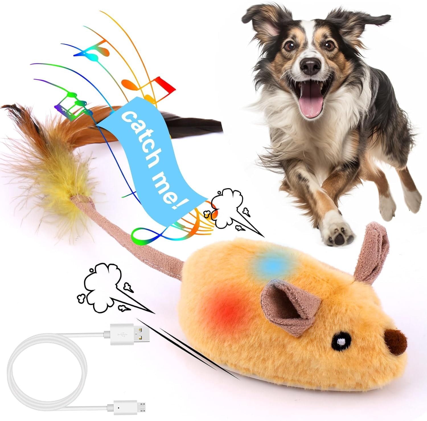 ZOSE Interactive Dog Toys Mouse, Escaping Mice Squeaky Dog Toys with Lights & Auto-Turn, Rechargeable Moving Dog Toy for Small/Medium/Large Dogs & Cats (Yellow)