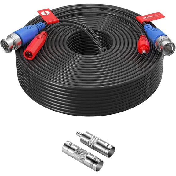 ZOSI 100ft (30M) BNC Video Power Cable for CCTV DVR Camera Systems, All-in-One Design Supports 2MP/1080P/960H/960P/720P Surveillance Cameras, Includes BNC RCA Connectors for Plug-and-Play Setup