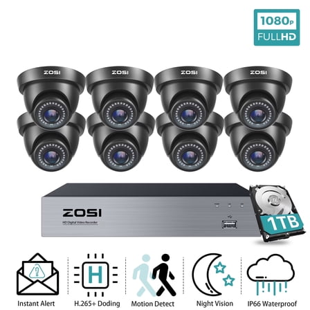 ZOSI 1080P H.265+ 8 Channel Security Camera System with 1TB Hard Drive, 5MP Lite Surveillance DVR, 8x 2.0MP Dome Cameras Indoor Outdoor CCTV System
