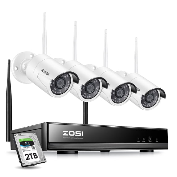 ZOSI 1080P Wireless Security Camera System H.265+ 8Channel 1080P CCTV NVR and 4PCS 2.0MP 1080P Weatherproof Bullet IP WiFi Cameras 65ft Night Vision, 2TB Hard Drive, Customizable Motion Detection