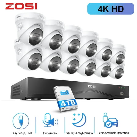 ZOSI 16 Channel 4K Home Security Camera System, AI-Human-Detection, 4K 16CH NVR with 4TB HDD for 24/7 Recording, 12pcs 4K wired Outdoor PoE IP Cameras
