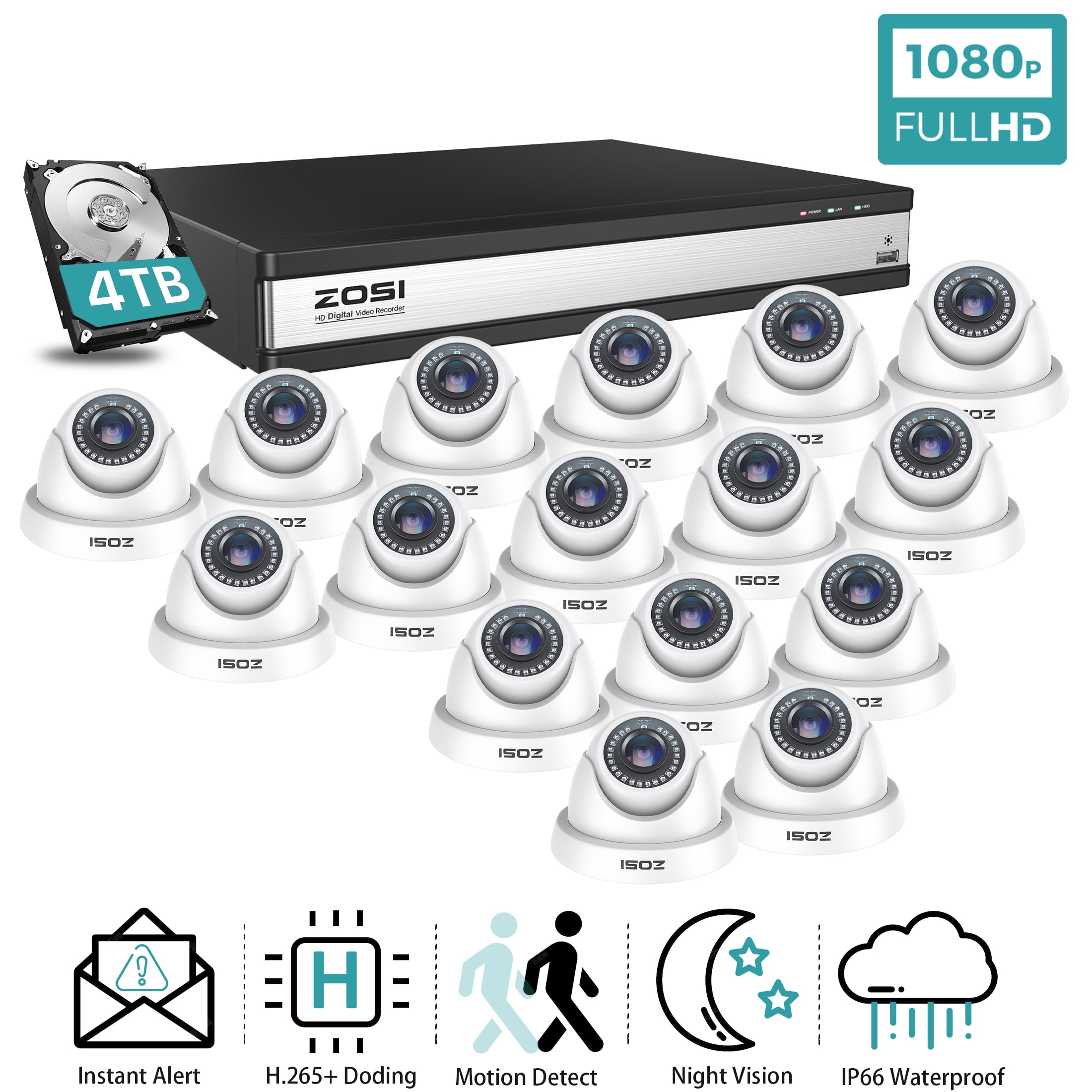 ZOSI 16 Channel Security Camera System 1080p, 1080P H.265+ Wired DVR with 4TB HDD, 12pcs 1080p CCTV Surveillance Camera Outdoor Indoor, 80ft Night Vision, 90° View Angle