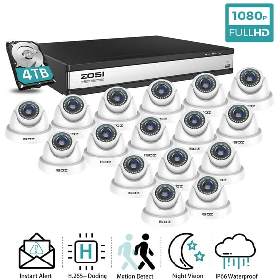 ZOSI 16 Channel Security Camera System 1080p, 1080P H.265+ Wired DVR with 4TB HDD, 12pcs 1080p CCTV Surveillance Camera Outdoor Indoor, 80ft Night Vision, 90 View Angle