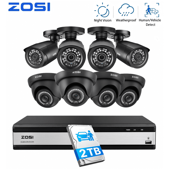ZOSI 16CH 1080P CCTV DVR Security System with 2TB HDD, 8 x 1080P Outdoor Cameras, AI Human/Vehicle Detection, H.265+ Compression, Night Vision, Expandable to 16 Cameras, 24/7 Recording for Home