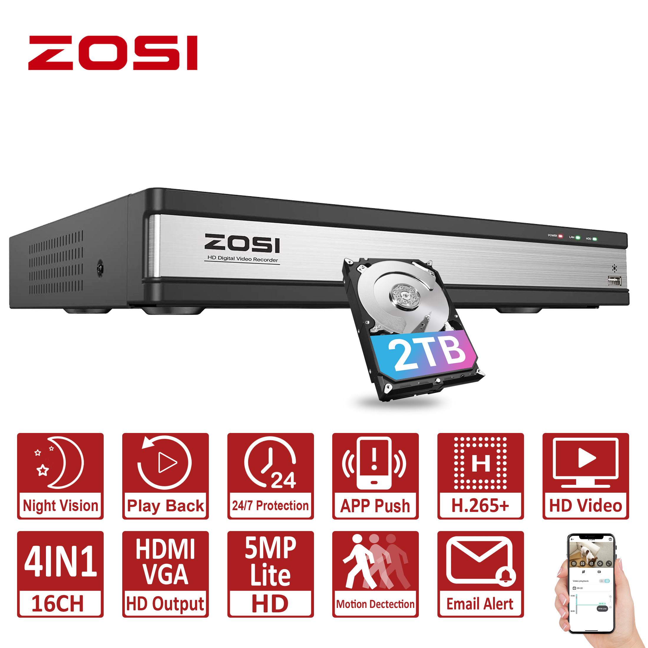 ZOSI 8CH H.265+ 5MP Lite 4in1 DVR Recorder for 1080p Security Camera